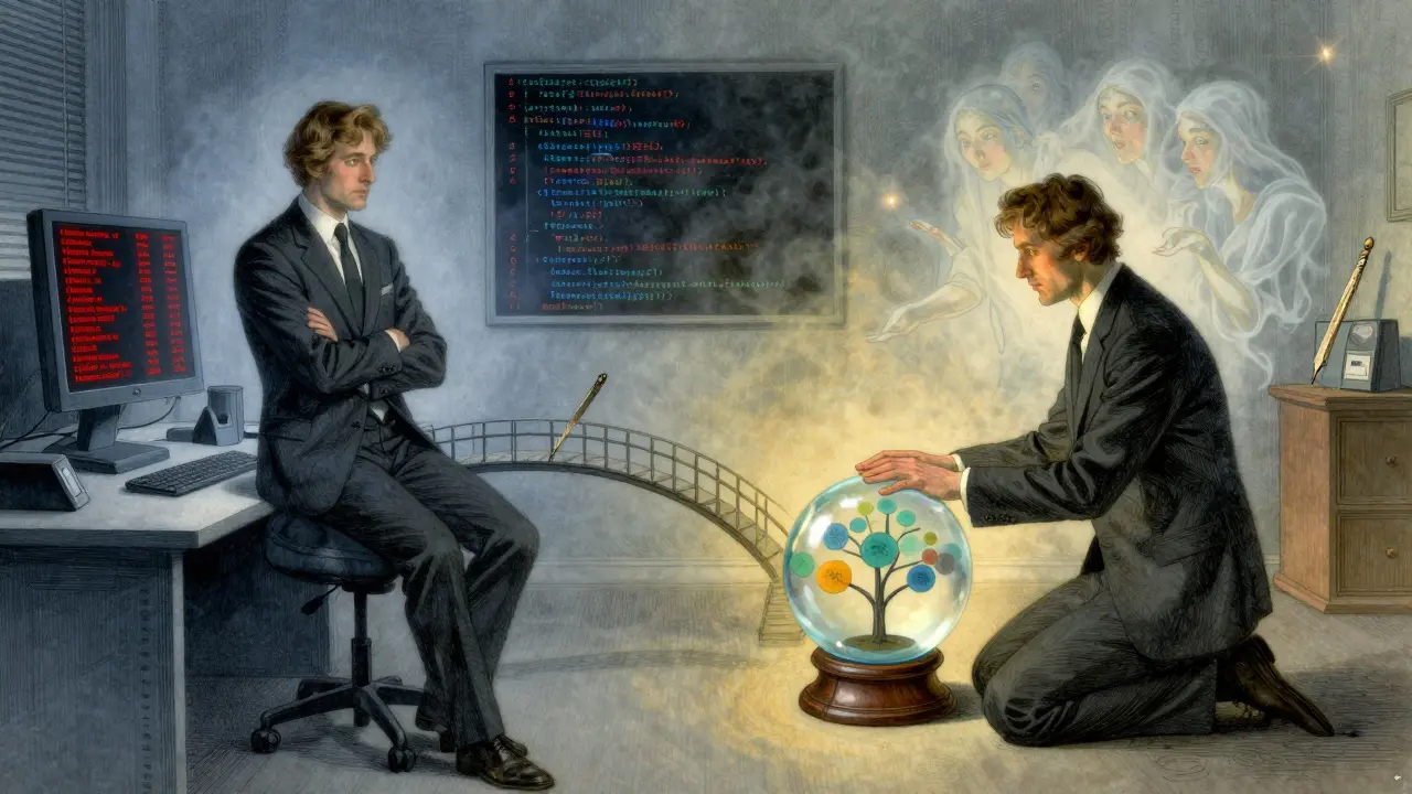 A trader torn between ignoring AI warnings and listening to scenario insights, shown in a symbolic diptych with a bridge of code and quills.