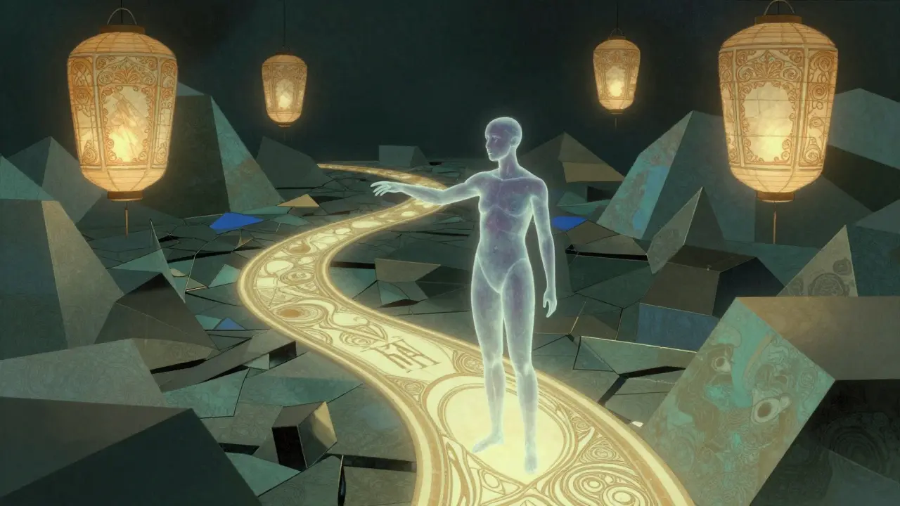 A translucent AI figure standing between a curved functional path and flickering LoRA adapters in an intricate geometric landscape.