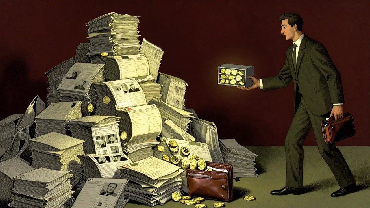Businessperson overwhelmed by image files spilling coins, then optimized stack filling wallet.