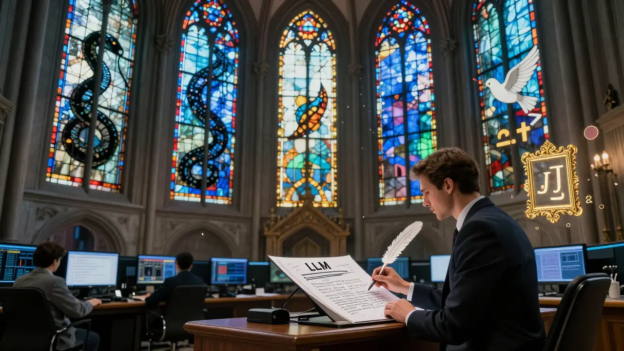 Cathedral-style SOC with stained-glass threat patterns and an analyst writing an LLM-generated report with a quill.