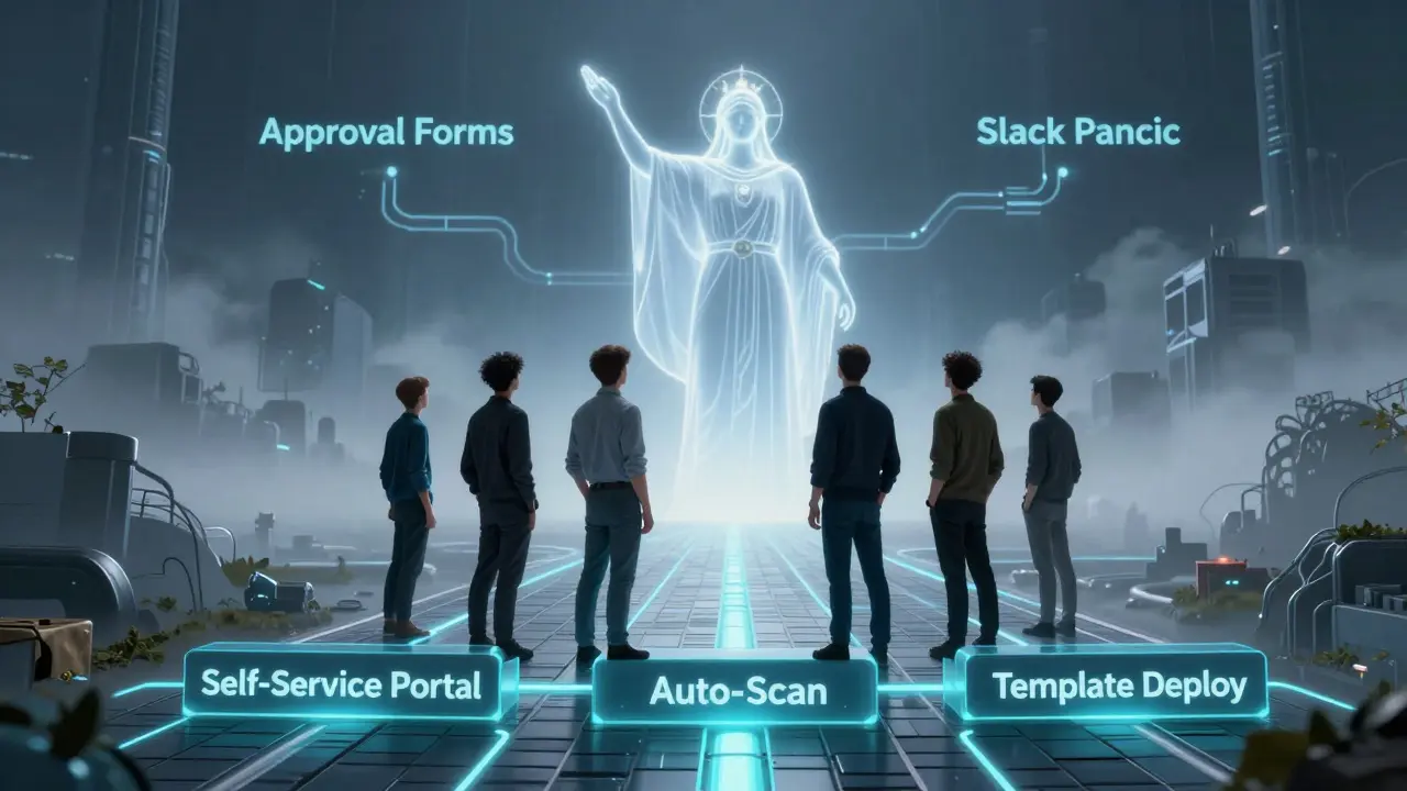 Developers walk a glowing path of automated tools, guided by a mystical guardian, with bureaucracy fading behind.