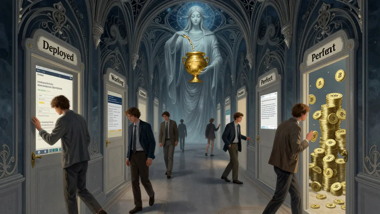 Developers walk past doors revealing AI-generated security flaws, illustrated in dreamlike Willy Pogány Art Nouveau style.