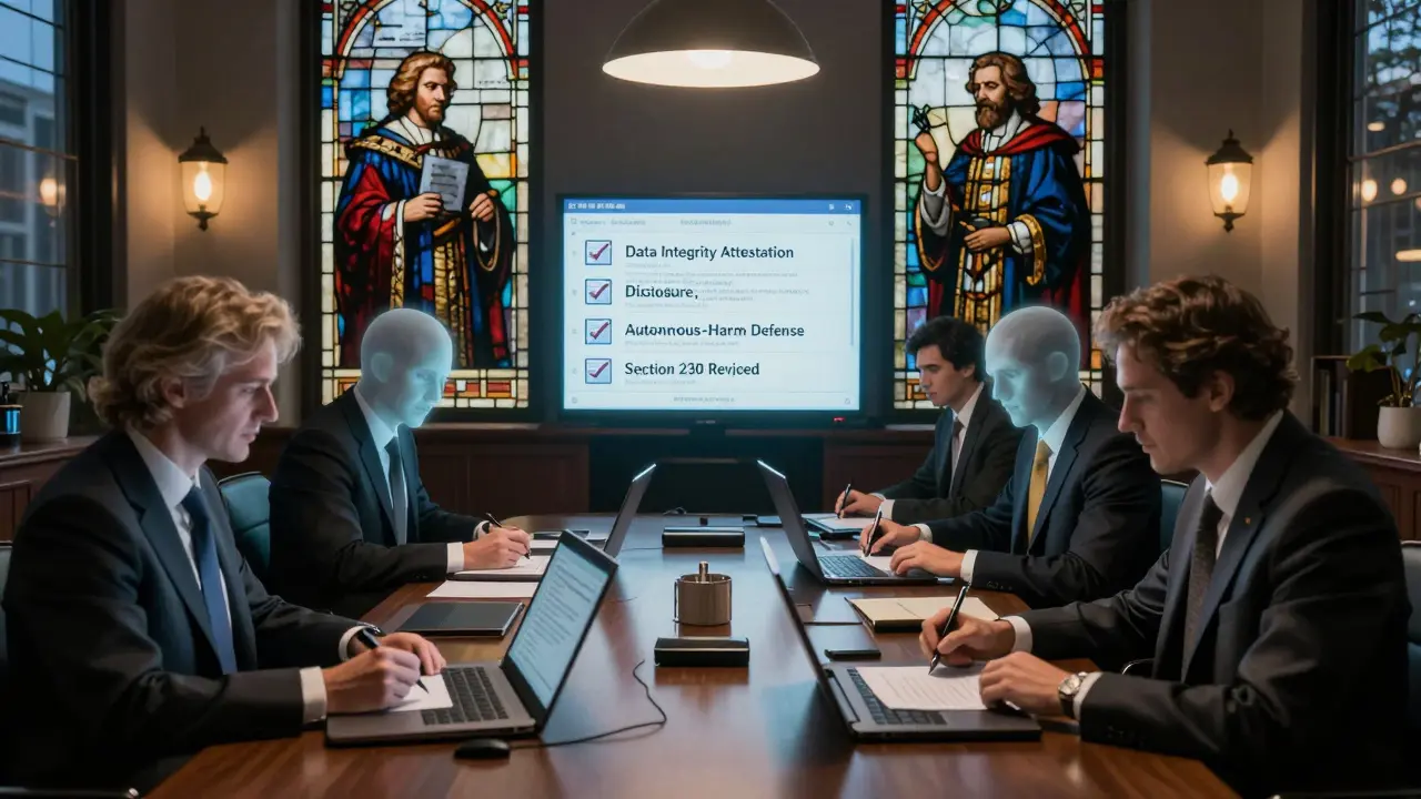 Executives signing contracts as ghostly AI avatars rise from laptops, with a glowing compliance checklist floating above in detailed illustration style.