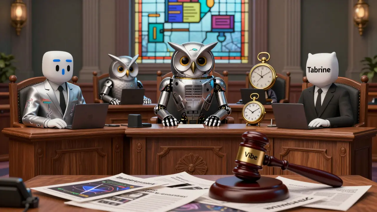 Five AI coding tools on trial in a surreal courtroom, with a broken 'Vibe' logo as the gavel and marketing brochures piled at their feet.