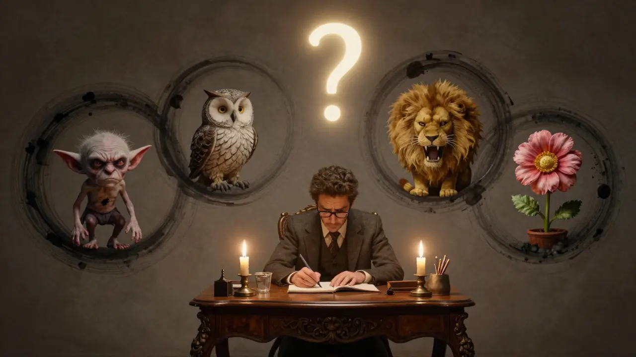 Five delicate symbolic figures representing sentiment types, surrounded by swirling ink, under candlelight.