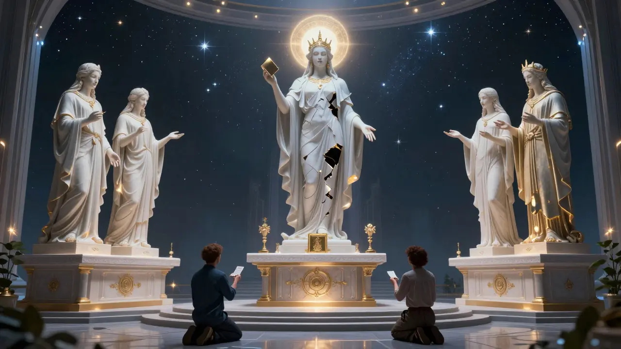 Three altars representing different speculative decoding methods, illuminated by celestial light, with engineers offering queries before them.