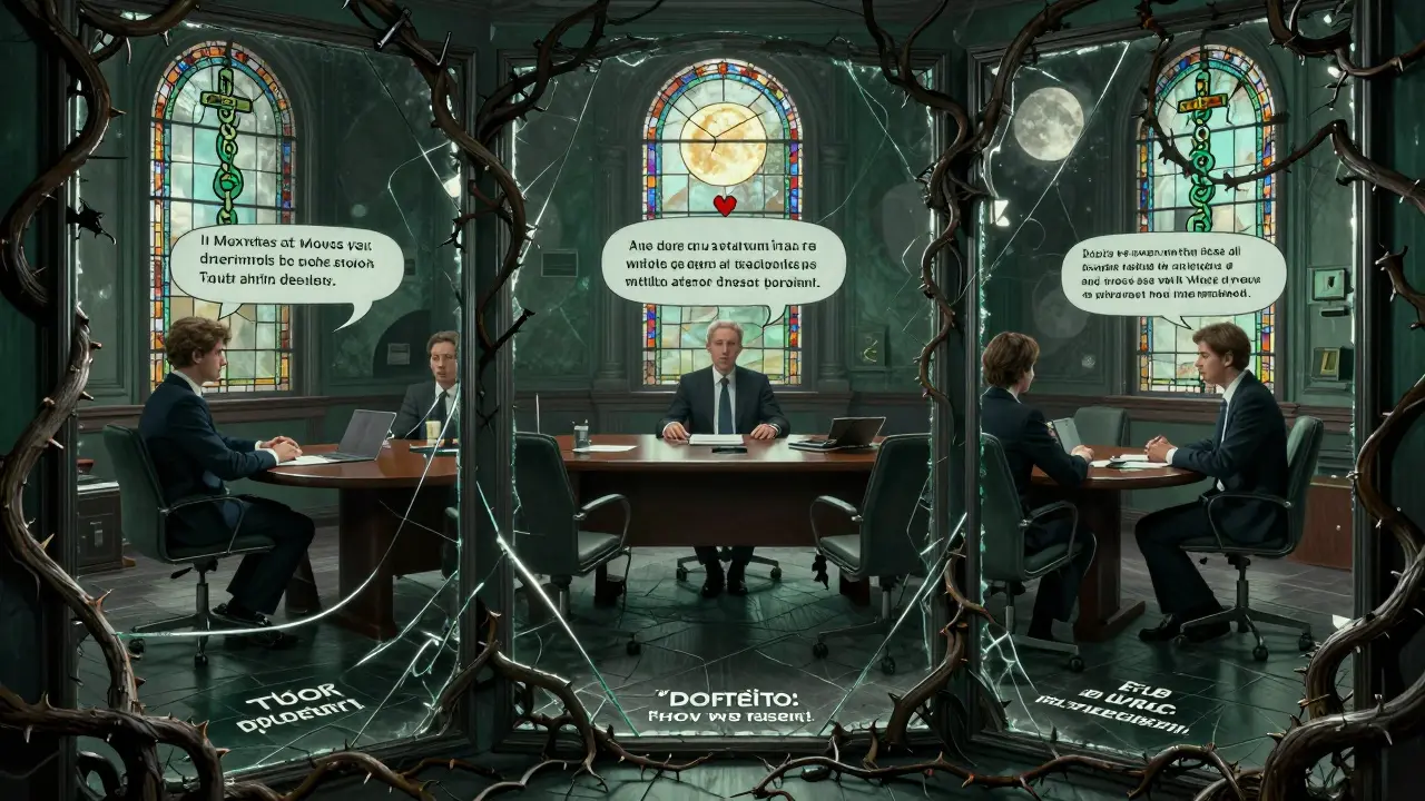 Three reflections of a meeting room showing the effects of under, over, and balanced logit bias, framed by thorny vines.