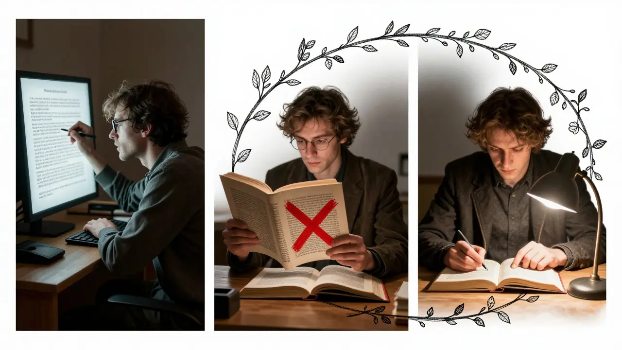 Three scholars depicted in a triptych: one misled by AI, one rejecting a fake source, one verifying real references with ink vines forming a protective circle.