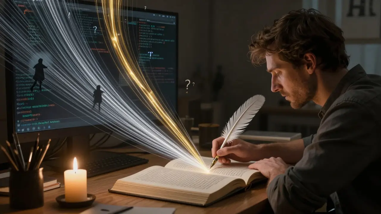 Two streams of light—silver and gold—flow from a quill into a book, symbolizing draft and verifier models working together to generate text.