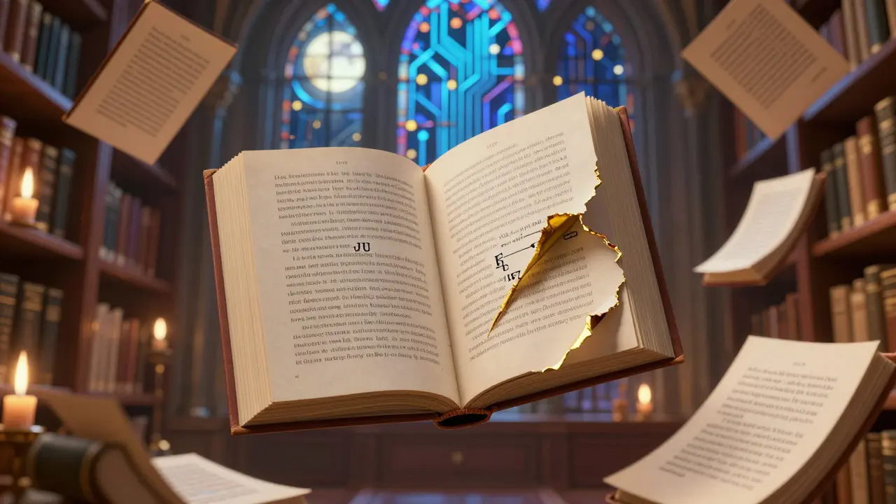 A celestial library where a golden stop sequence cuts through a runaway book of hallucinated text.