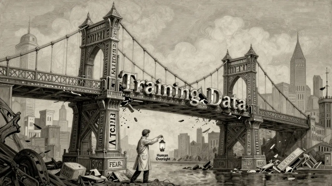 A collapsing bridge of training data, with one human holding a lantern to prevent total collapse.