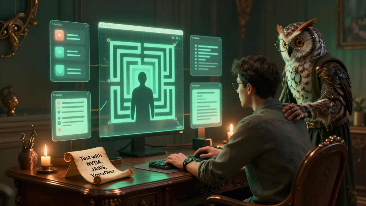 A developer at a wooden desk with floating AI-generated UI components, guided by a wise owl-like figure representing human oversight.