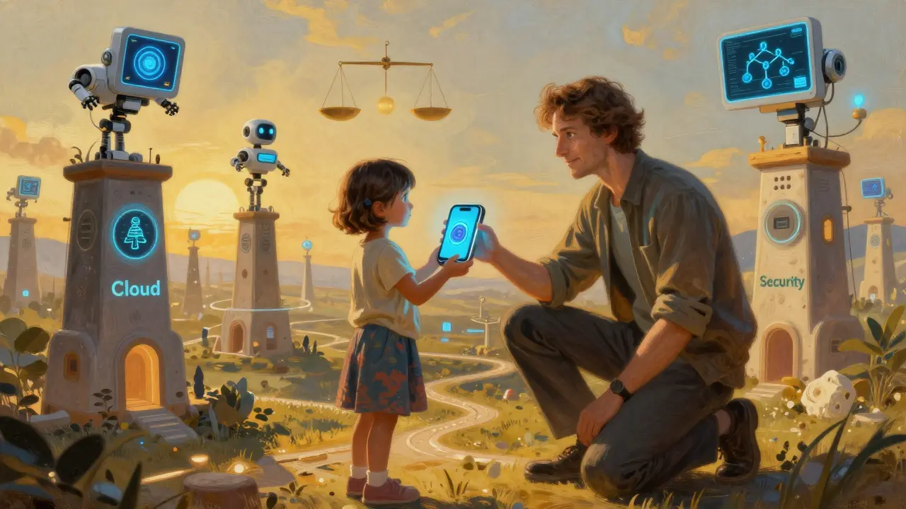 A developer guiding a child holding an edge device, with towering systems of cloud, edge, and security rising behind them.