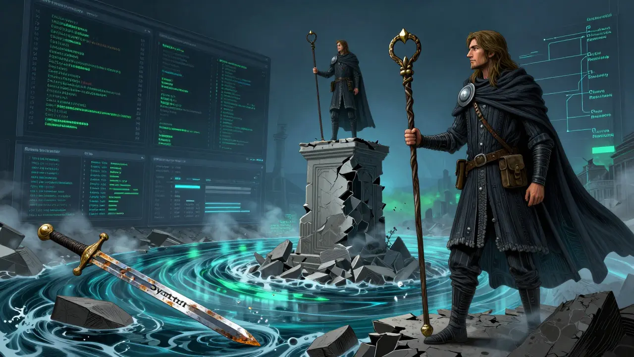 A developer standing atop a broken monolith, holding a staff made of API contracts and security trails, as data flows below.