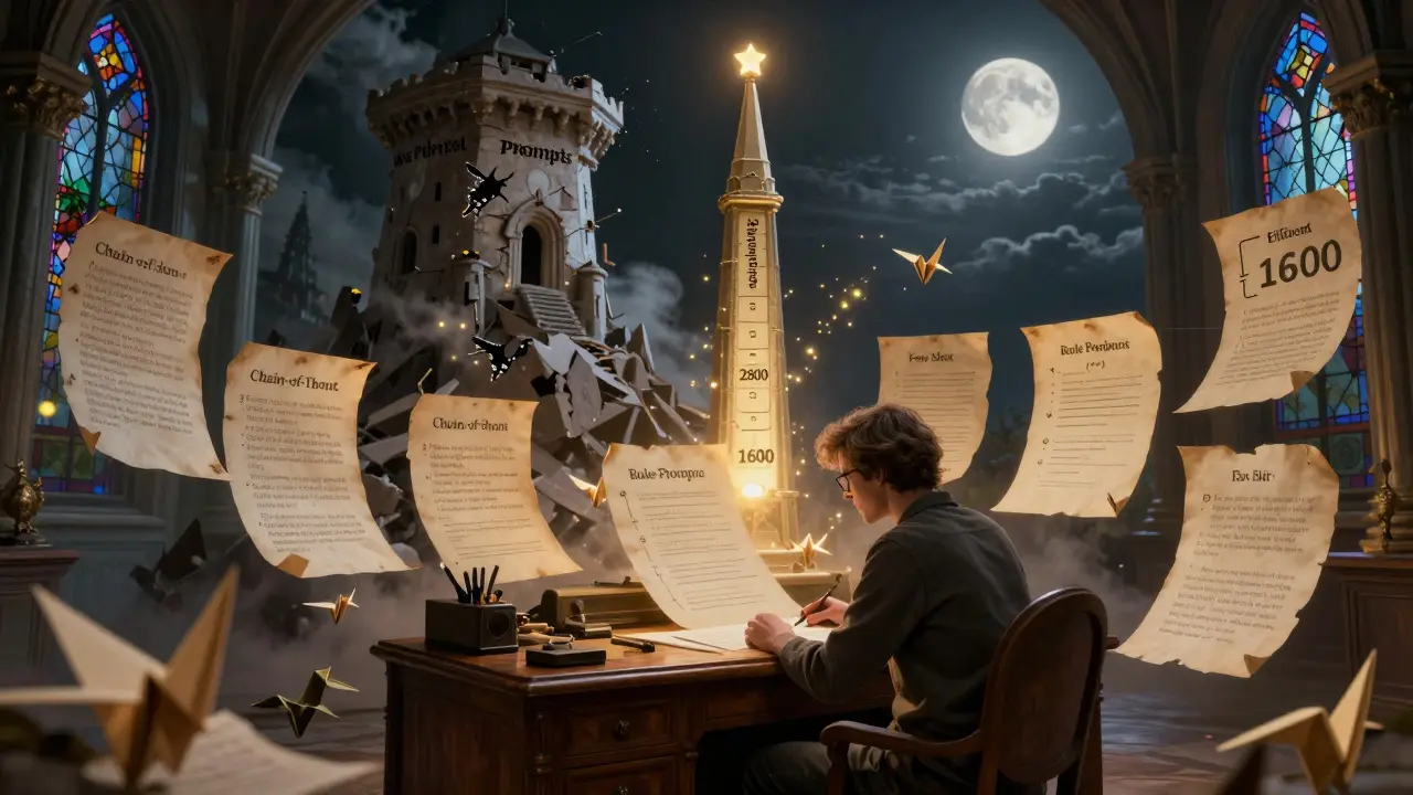 A developer surrounded by floating prompt templates as a wasteful tower collapses and an efficient spire rises in soft moonlight.