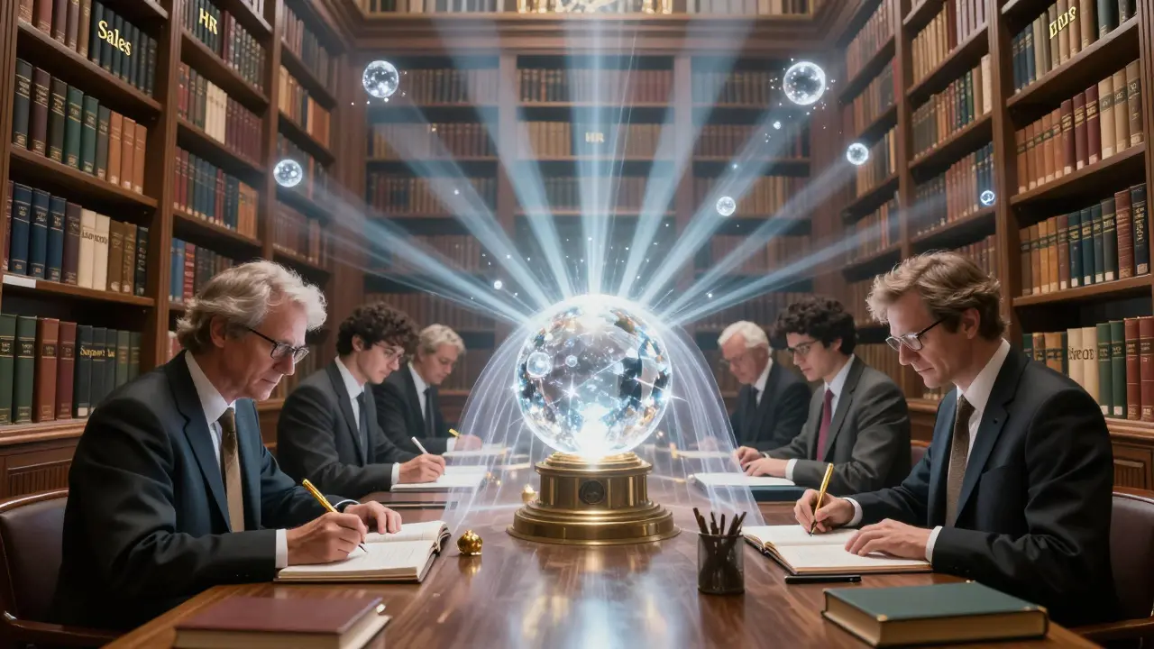 A grand library where data tomes converge into a crystal orb, protected by a veil of encryption.