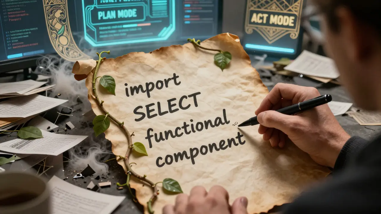 A hand writing a prompt that becomes a living vine of keywords, while chaotic code files crumble to ash in the background.