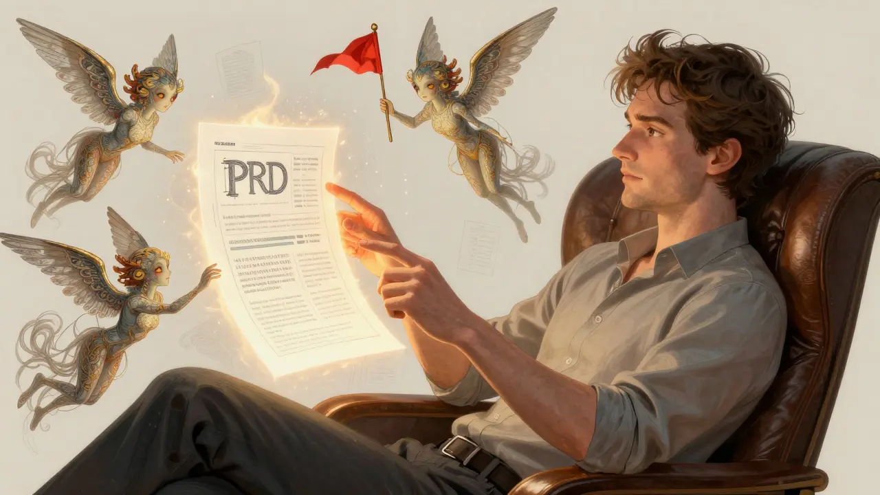 A human PM rests as delicate winged AI agents refine a living PRD with glowing flags and metrics, in Art Nouveau detail.