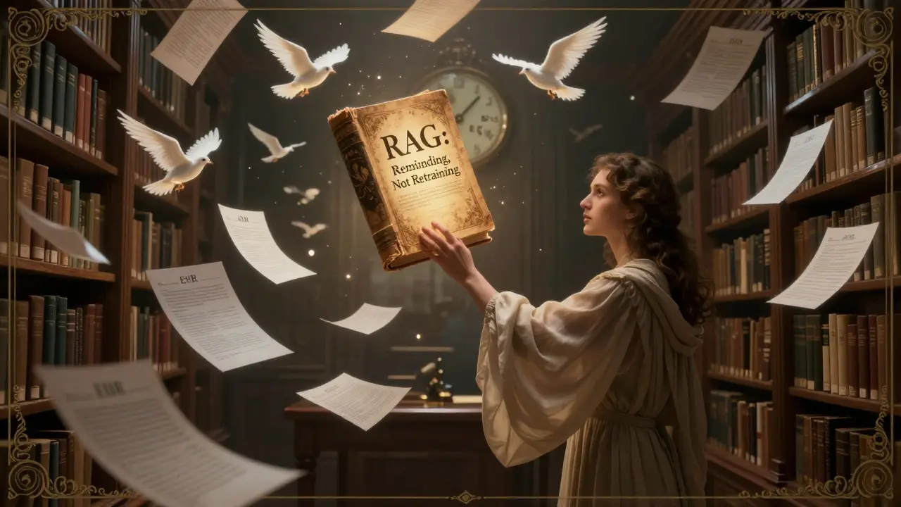 A librarian in an archive receiving floating documents as they dissolve into a book labeled 'RAG: Reminding, Not Retraining.'