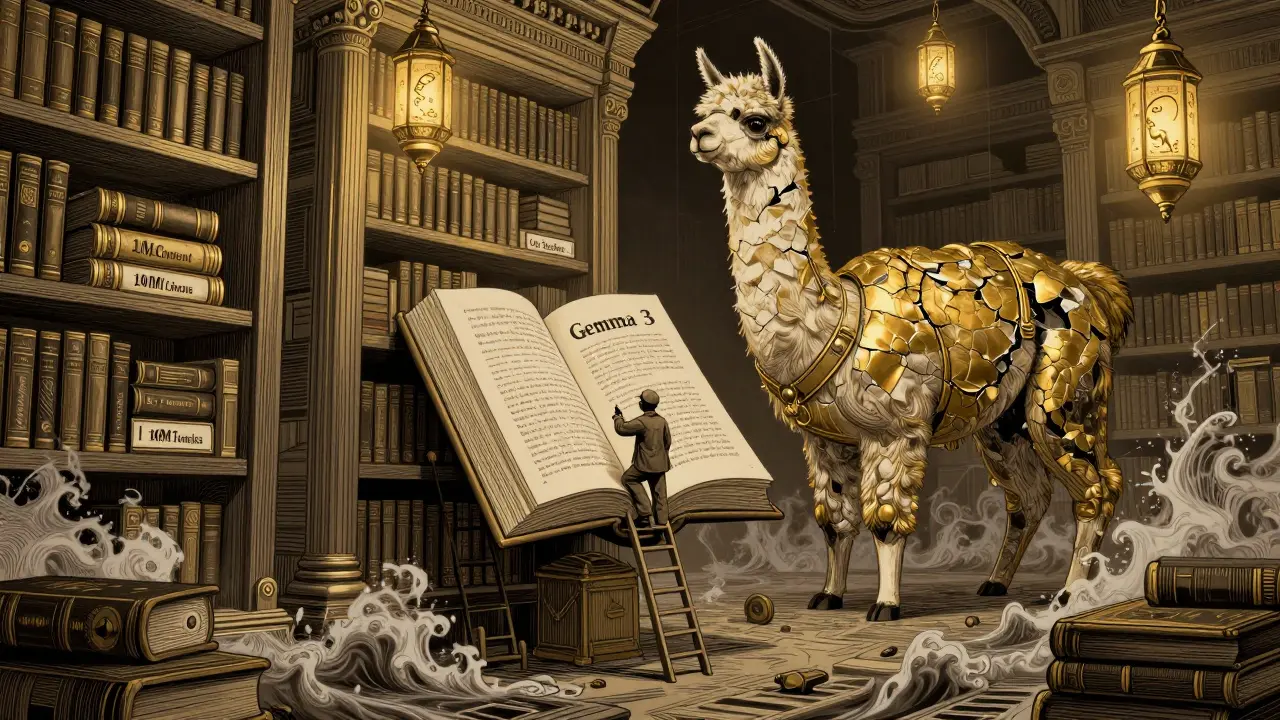 A mechanical library of data tomes with a small figure choosing Gemma 3, while a massive unused Llama 4 looms in the background.