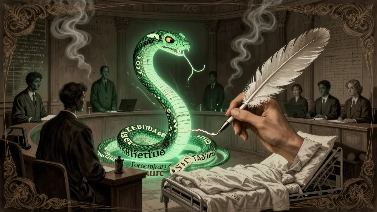 A mystical chamber where legal, medical, and financial text-serpents are untangled by a quill, surrounded by symbolic motifs in Art Nouveau style.