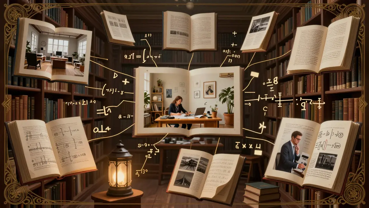 A mystical library of floating books, each showing AI images transforming from noise to photorealism.