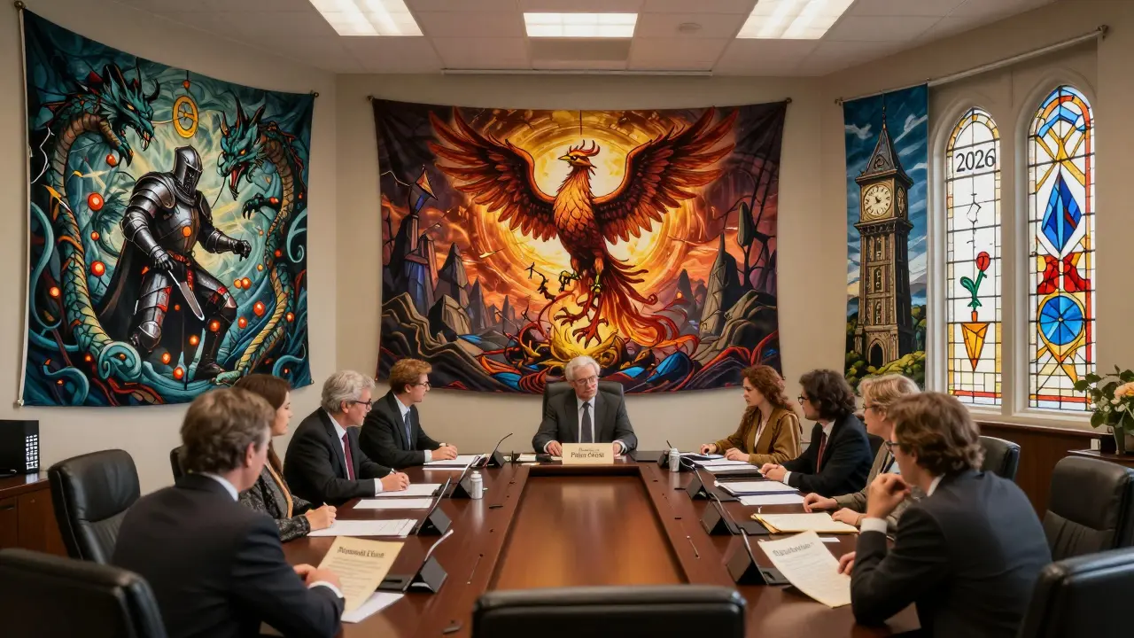 A mythic war room showing six phases of LLM incident response as tapestries, with figures studying ancient scrolls.