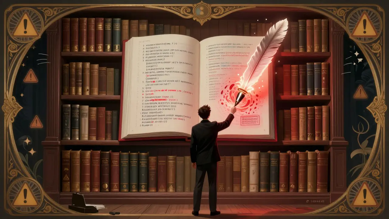 A product manager faces a magical bookshelf of code files, one open page showing glowing vulnerabilities as a quill hovers to rewrite it.