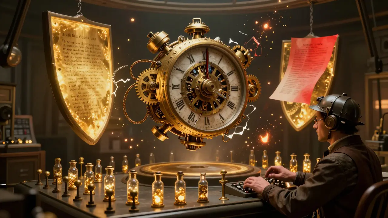 A suspended clockwork LLM model being contained by golden shields, with a technician activating brass controls.