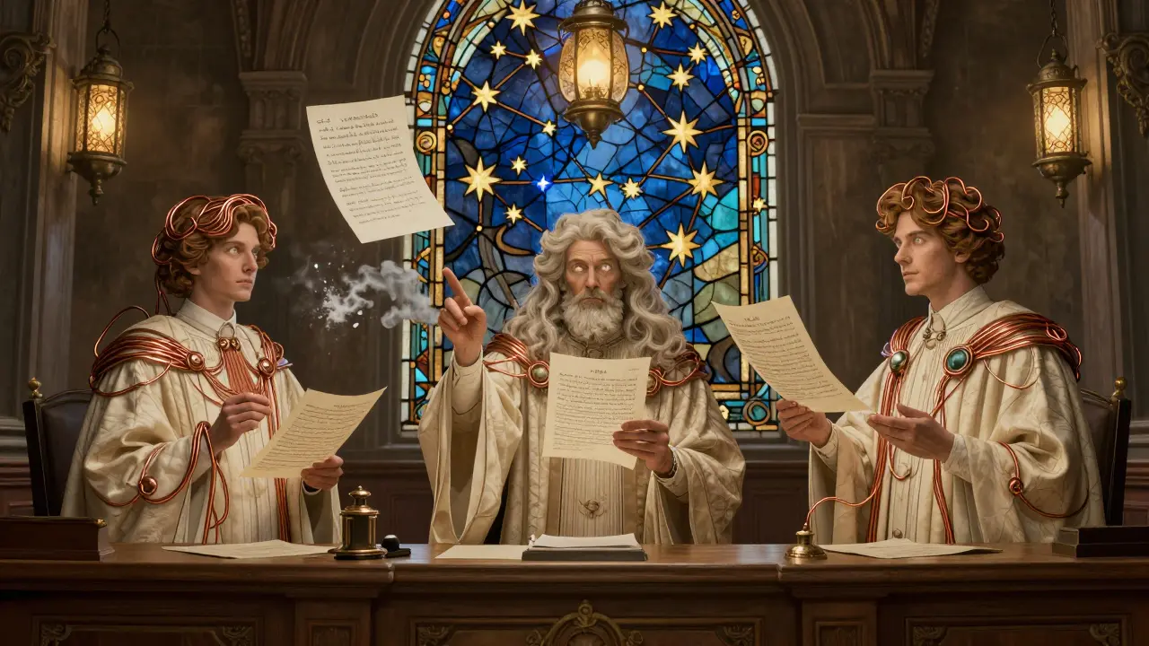 AI judges in ornate robes review legal documents in a mystical courtroom with stained-glass windows.