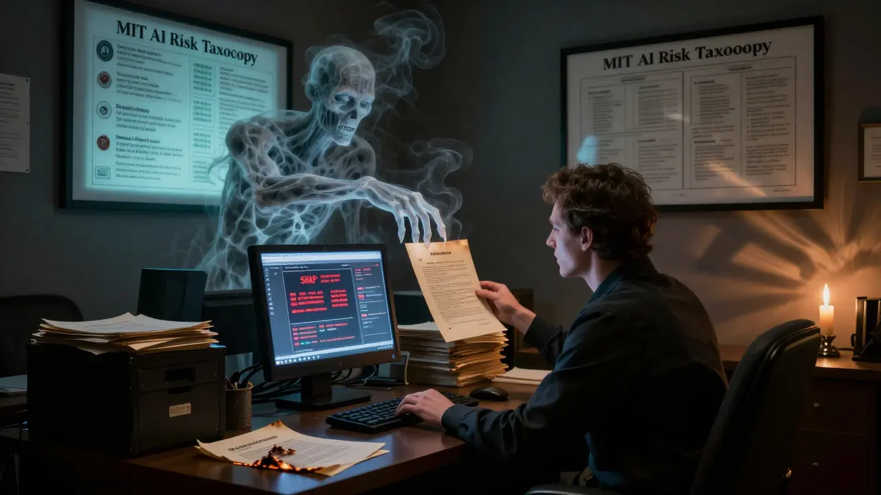 An analyst faces a glowing terminal with hallucination warnings, while a spectral LLM looms behind, candlelight casting shadows of lawsuits and silenced voices.