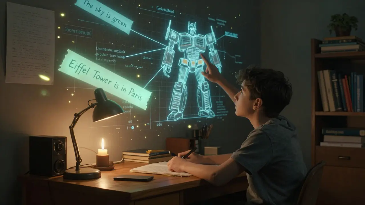 An apprentice surrounded by floating sentences, with a Transformer diagram above showing connected words.