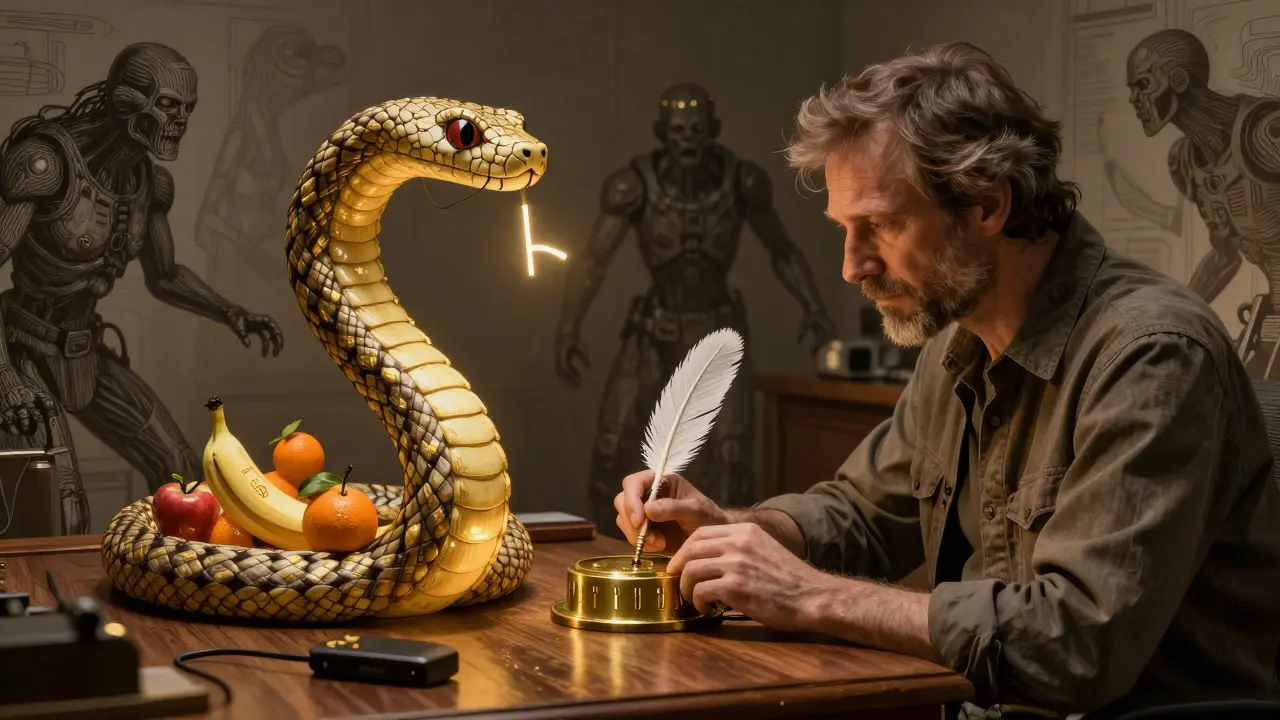 An engineer halting a text-serpent with a brass stop device, as clean lists rise in golden light.