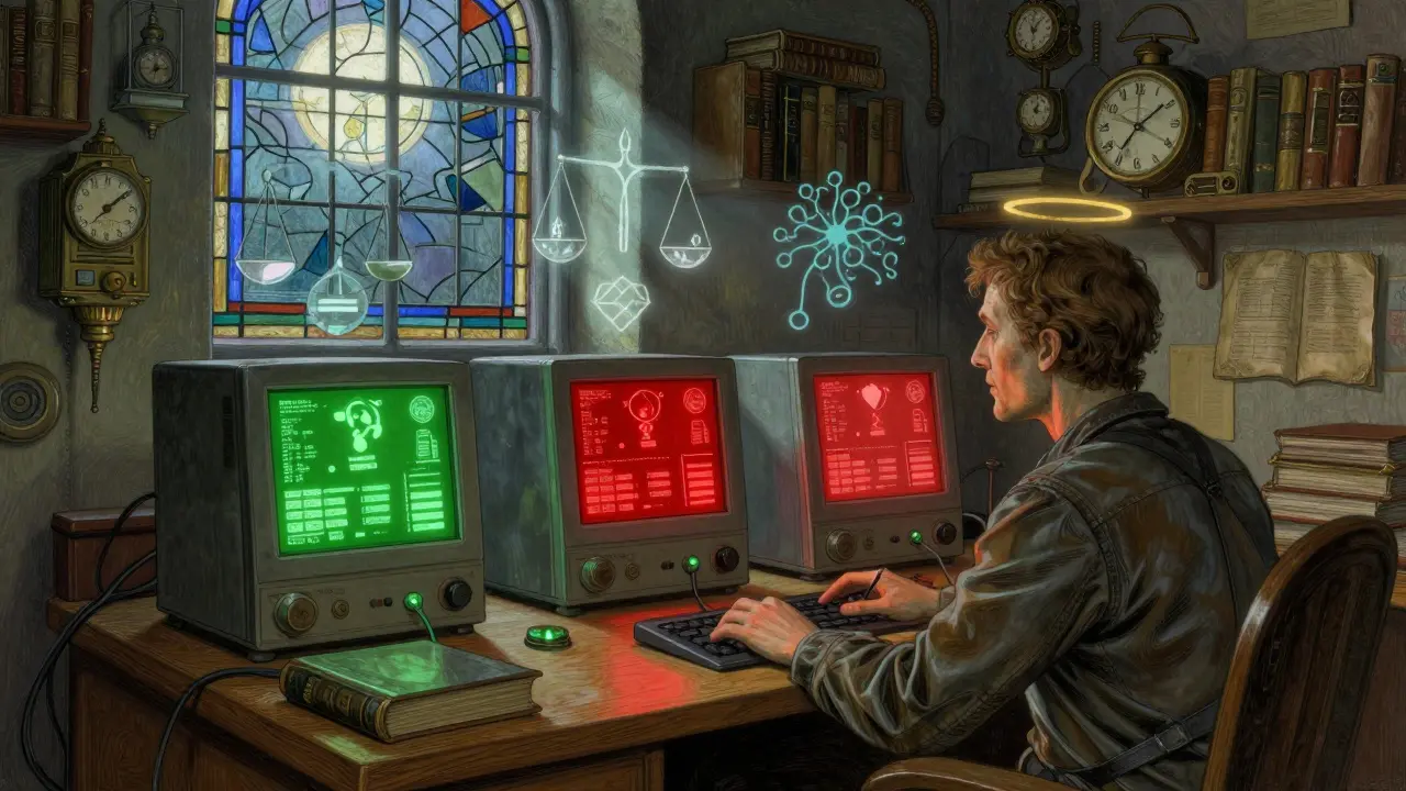 An engineer observes three conflicting AI outputs under a glowing halo of symbols in a dim, book-lined room.