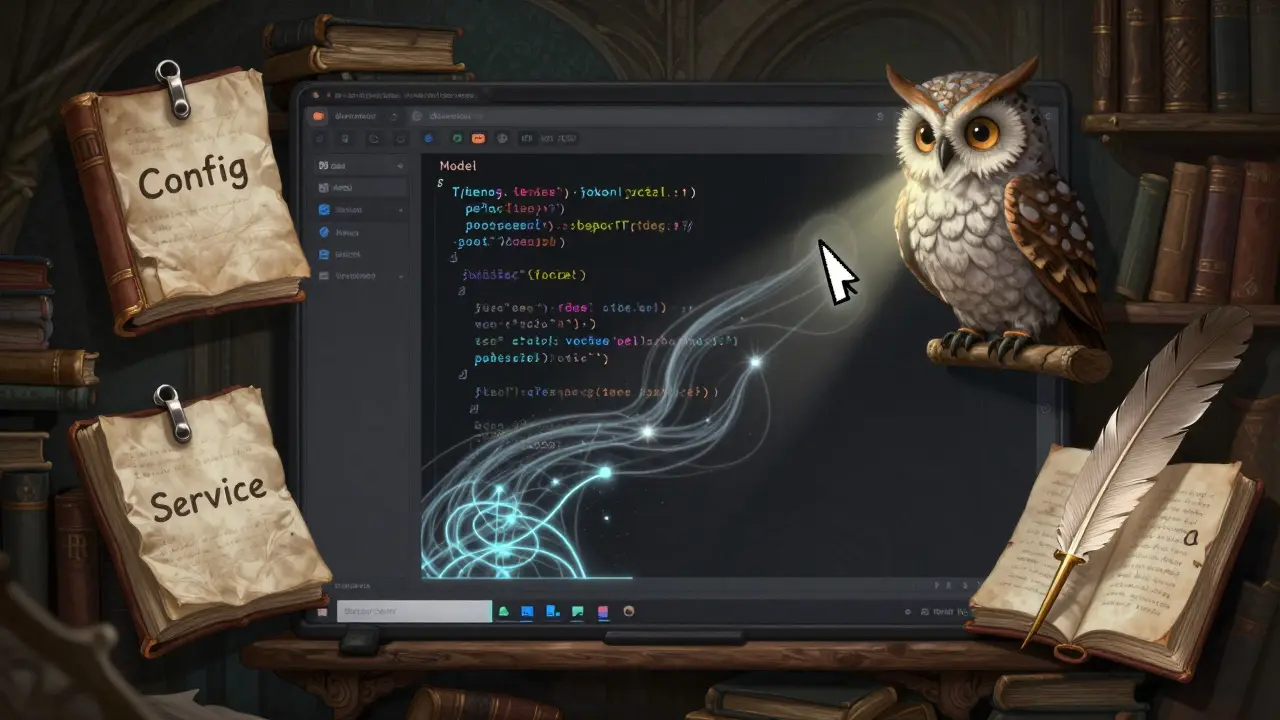An IDE transformed into a medieval library with pinned code books and an owl-like AI spirit illuminating a cursor.