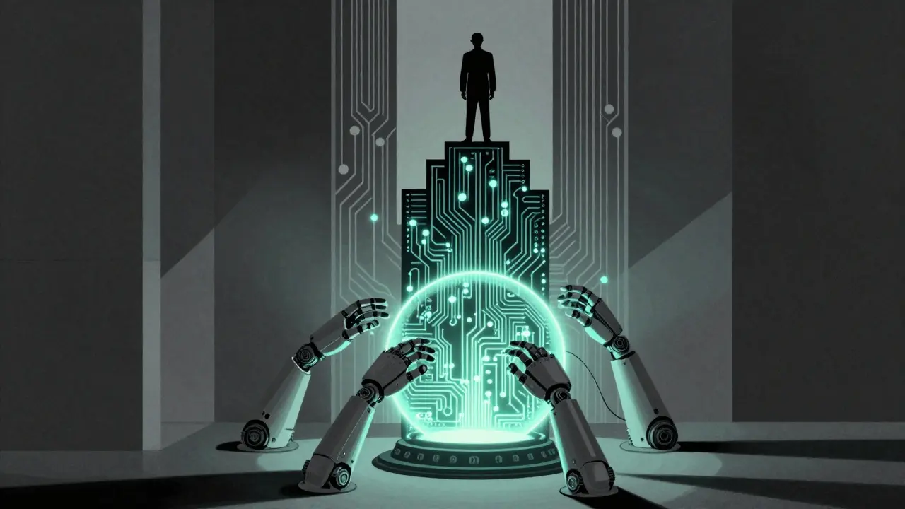 Architect figure overseeing automated mechanical processes