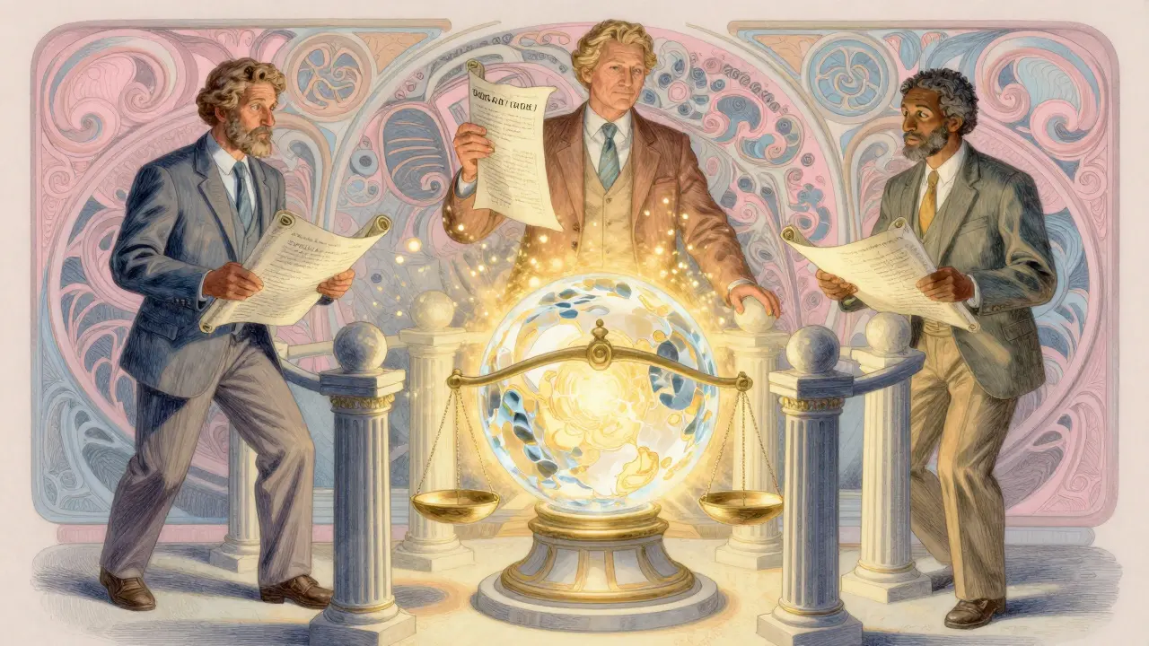 Architects building a protective shield around a glowing core.