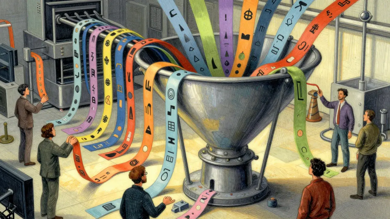 Artwork showing biased data filtering discarding diverse inputs.