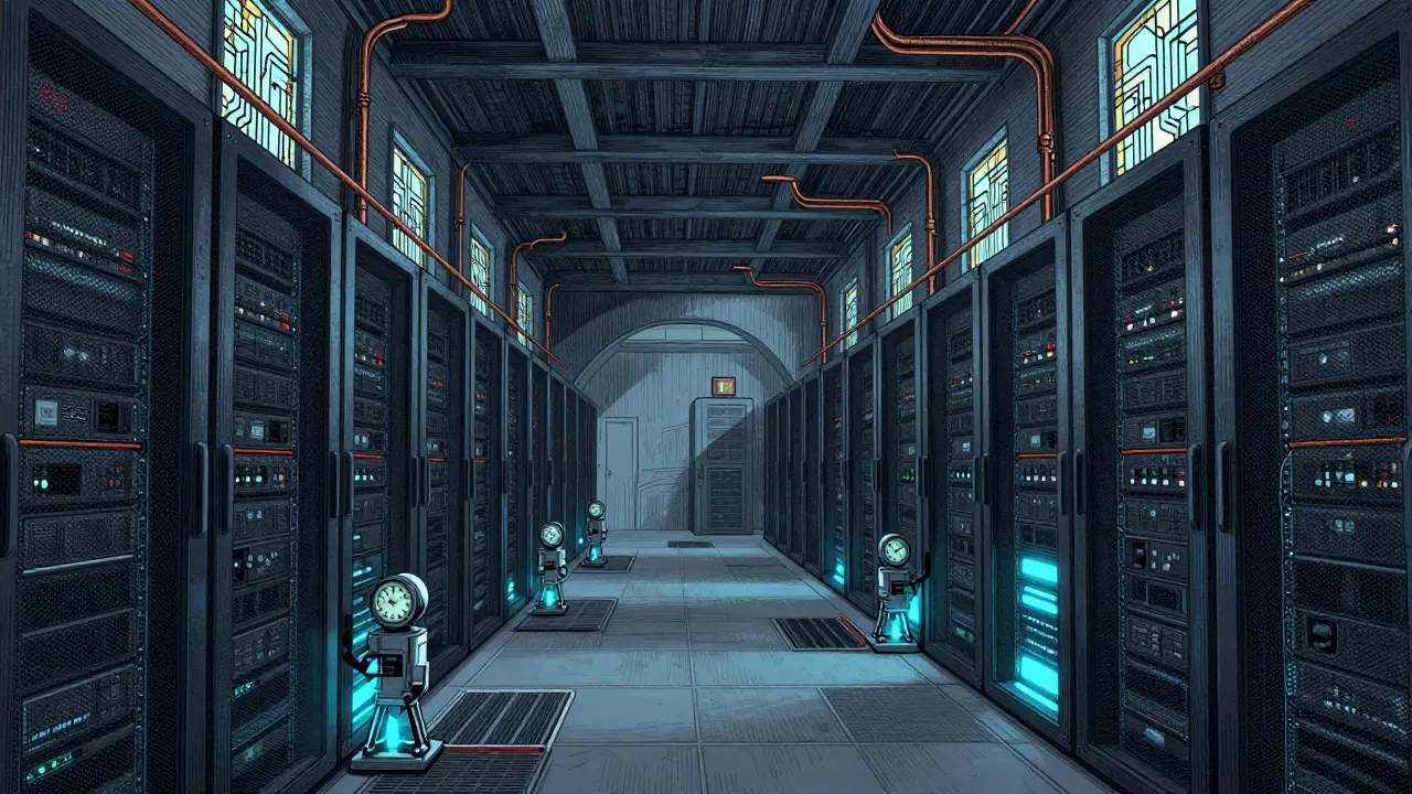 Automatons tending glowing server pillars in vaulted hall.