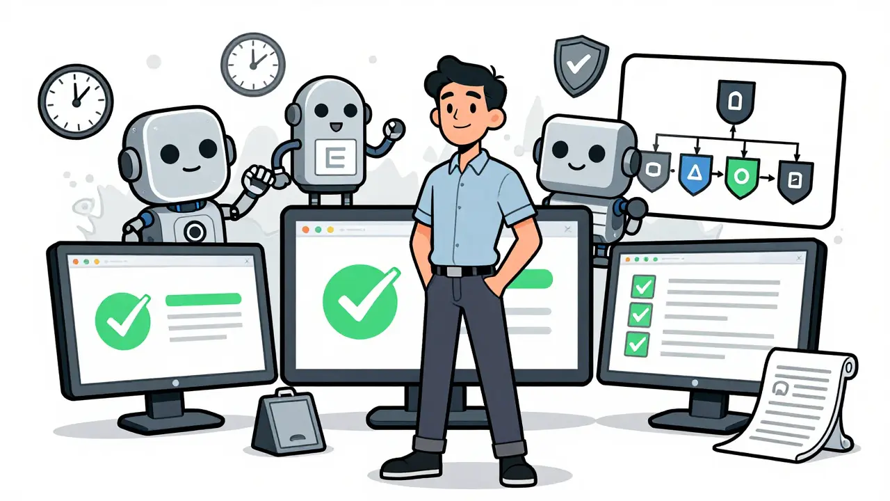 Confident developer surrounded by working systems and safety shields