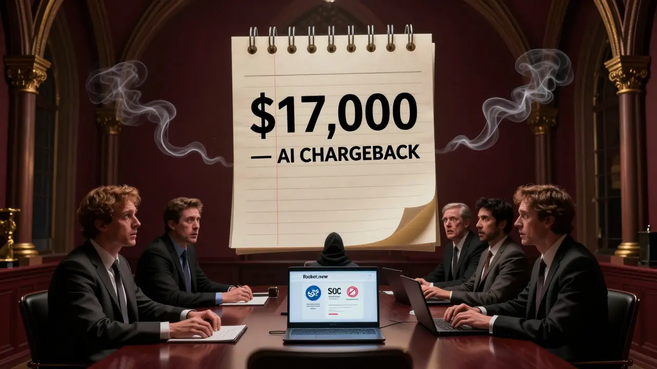 Corporate executives shocked by a ,000 AI chargeback, while Rocket.new's secure system glows quietly below.