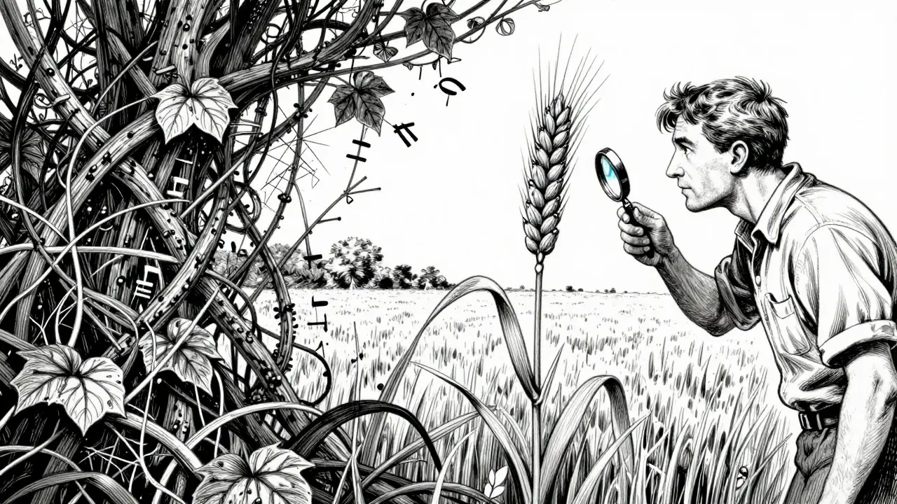 Farmer inspecting a single wheat stalk vs tangled vines.