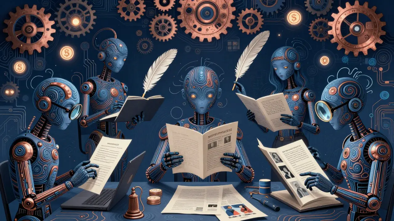 Five stylized AI agents performing specialized enterprise tasks in harmony, depicted with intricate ink-and-circuitry designs.