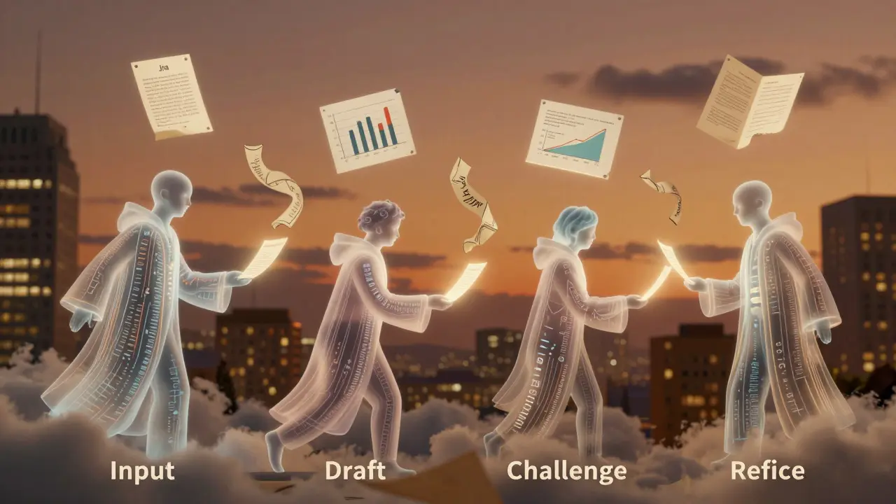 Four translucent agent spirits pass a glowing document through data streams and symbols in a dreamlike workflow scene.