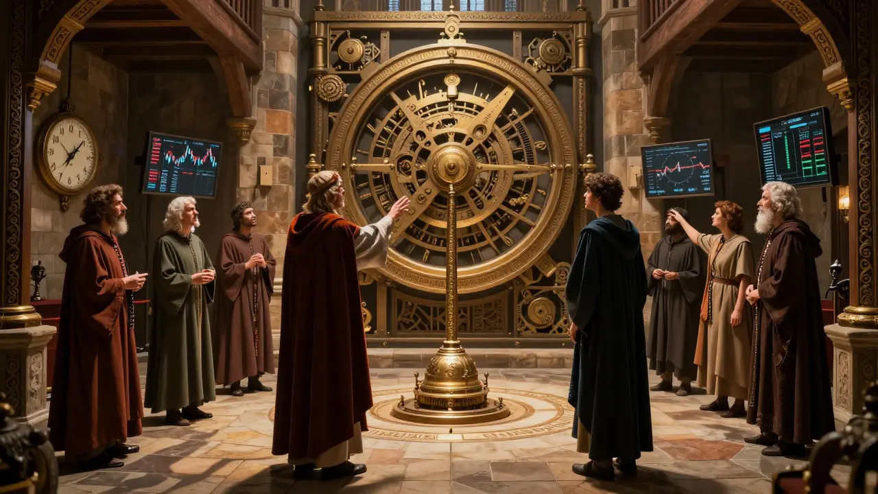 Guardians in a tower monitoring a clockwork machine with a lever.