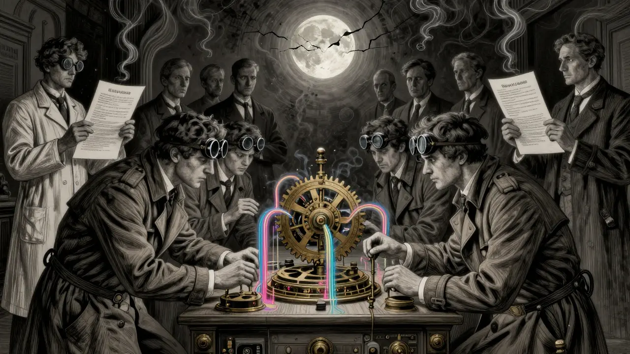 Human red teamers confront an oracle spewing hallucinated data, while others blindly accept its lies.