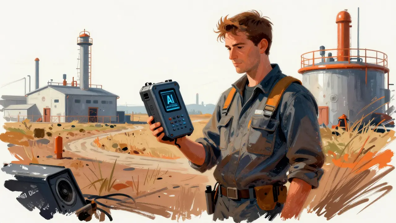 Technician holding a compact AI device in an industrial setting.