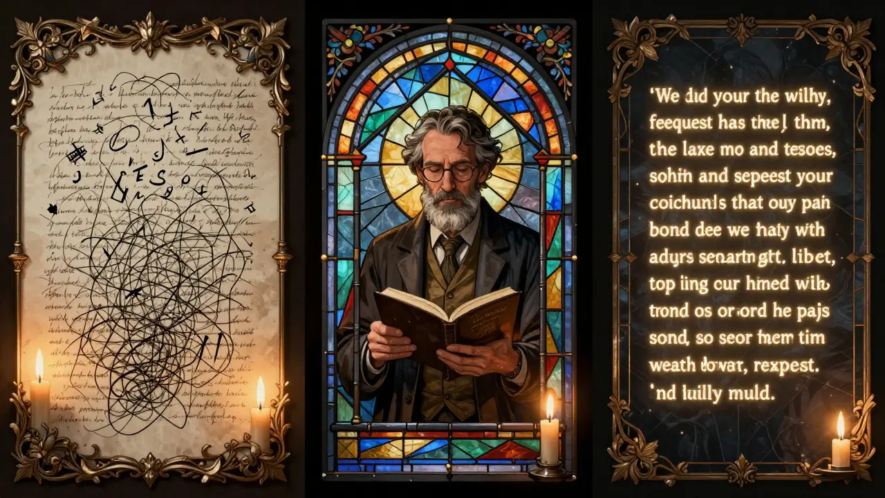 Three panels showing the transformation from chaotic text to structured prompts, rendered in ornate, Victorian-inspired illustration.