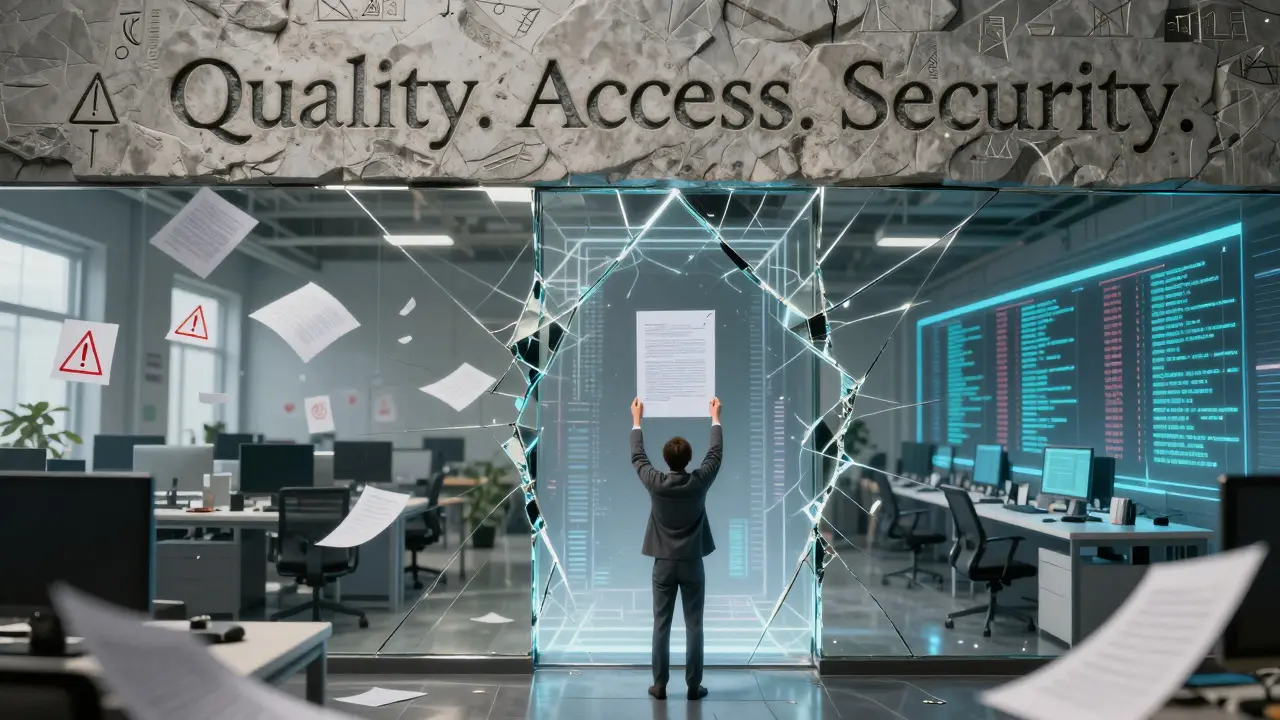 Three parallel realities showing data chaos, clean flow, and transformation through quality controls.