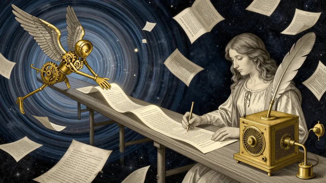 Two figures in a celestial workshop: one retrieving documents, the other generating accurate answers.